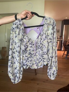 Free People Balloon Sleeve Top With Ruffle Neckline
